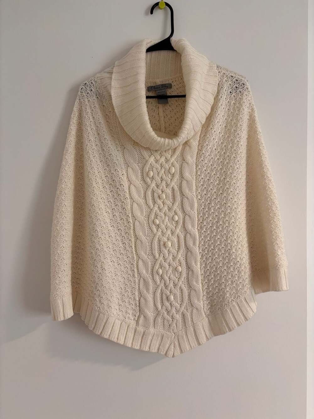 Olivia Sky Cream Cable Knit Cowl Neck Poncho Sweater Size M/L